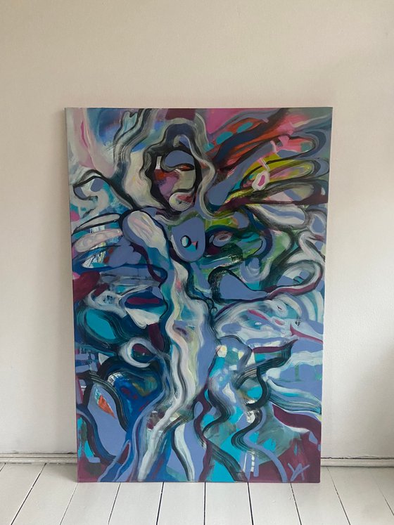 ANGEL- large scale acrylic painting, angel, wings, very peri, abstract figure, statement