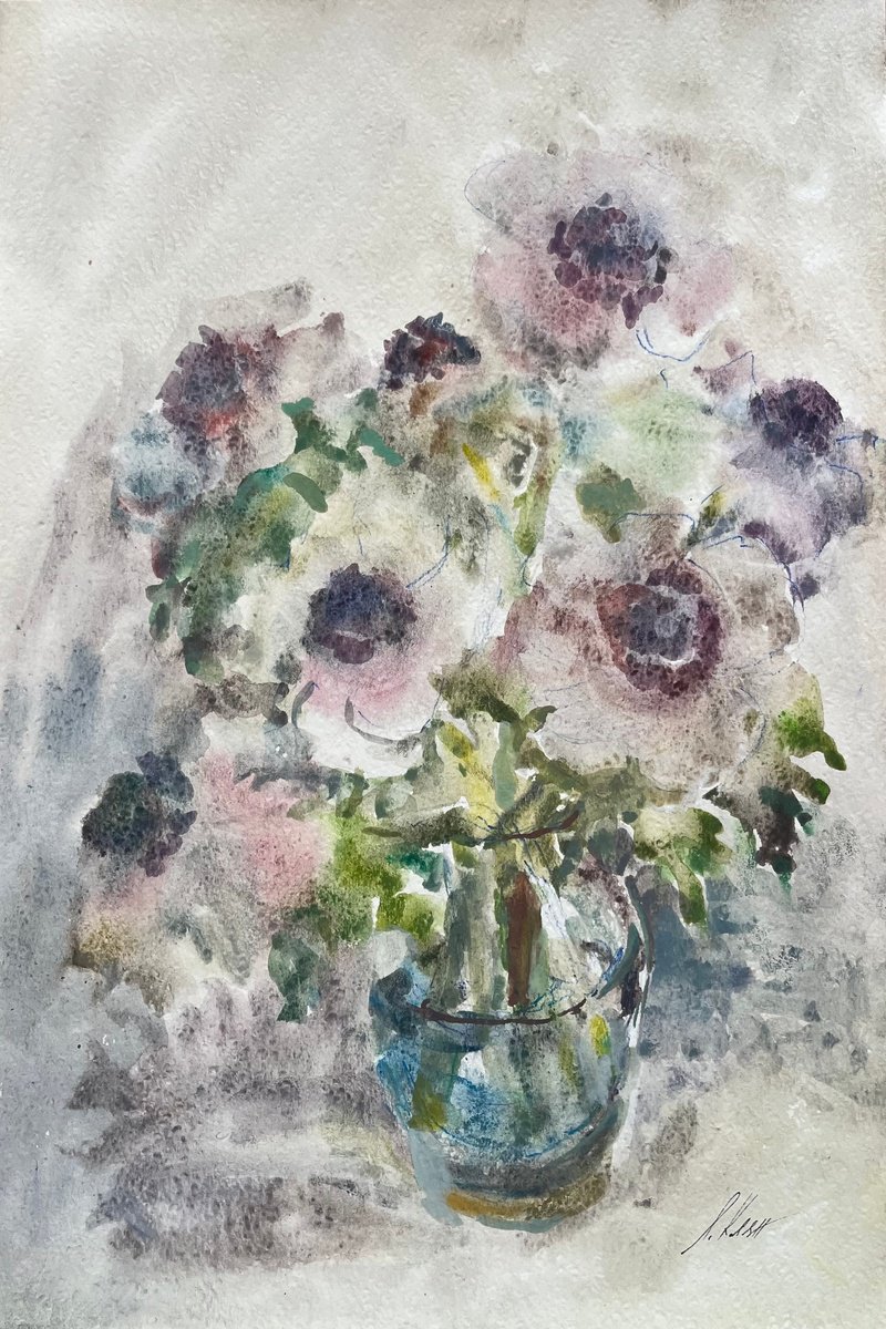 Impressionistic Still Life Watercolour By Elena Klyan, 12 X 18, Anemones 2, Original Artwork