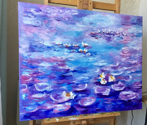 Water Lilies  (81x 66 cm ) inspired by Claude Monet  sunrise in a garden in purple, turquoise, blue sky