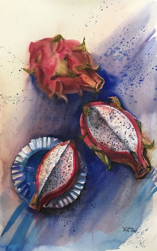 Dragon Fruit. Still life with pitahaya fruit. Red fruits painting. by Natalia Veyner