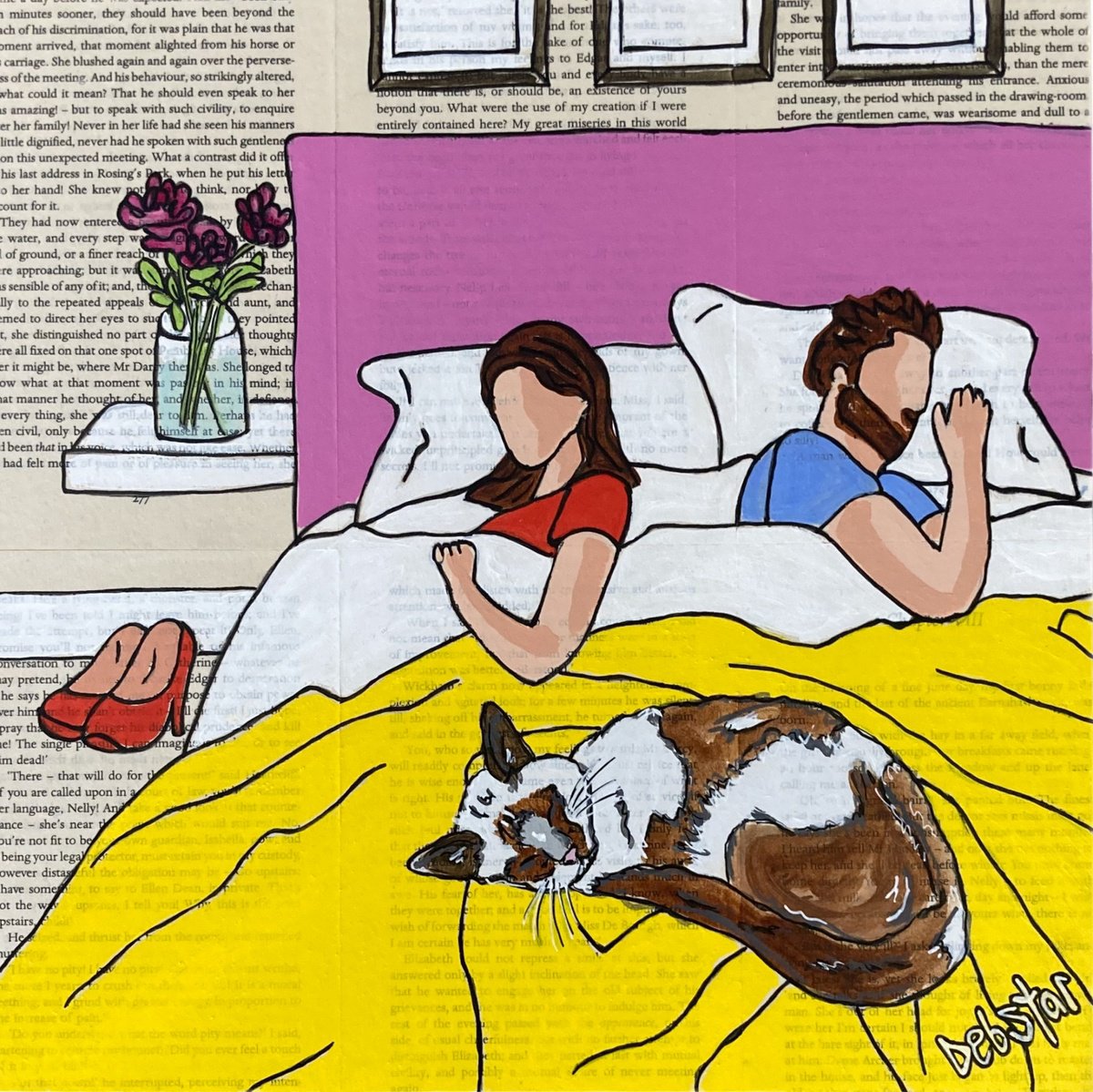 Illustrative Acrylic Painting , Cat Capers Bedtime 30Cm X 30Cm By Deborah Lang, 12 X 12, Artwork For Sale On Artfinder