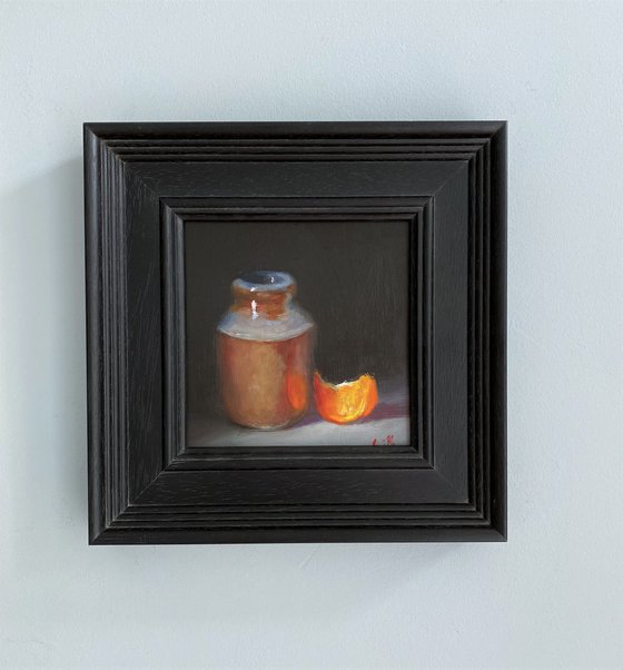 Original Oil Still Life Orange Slice & Ink Pot.