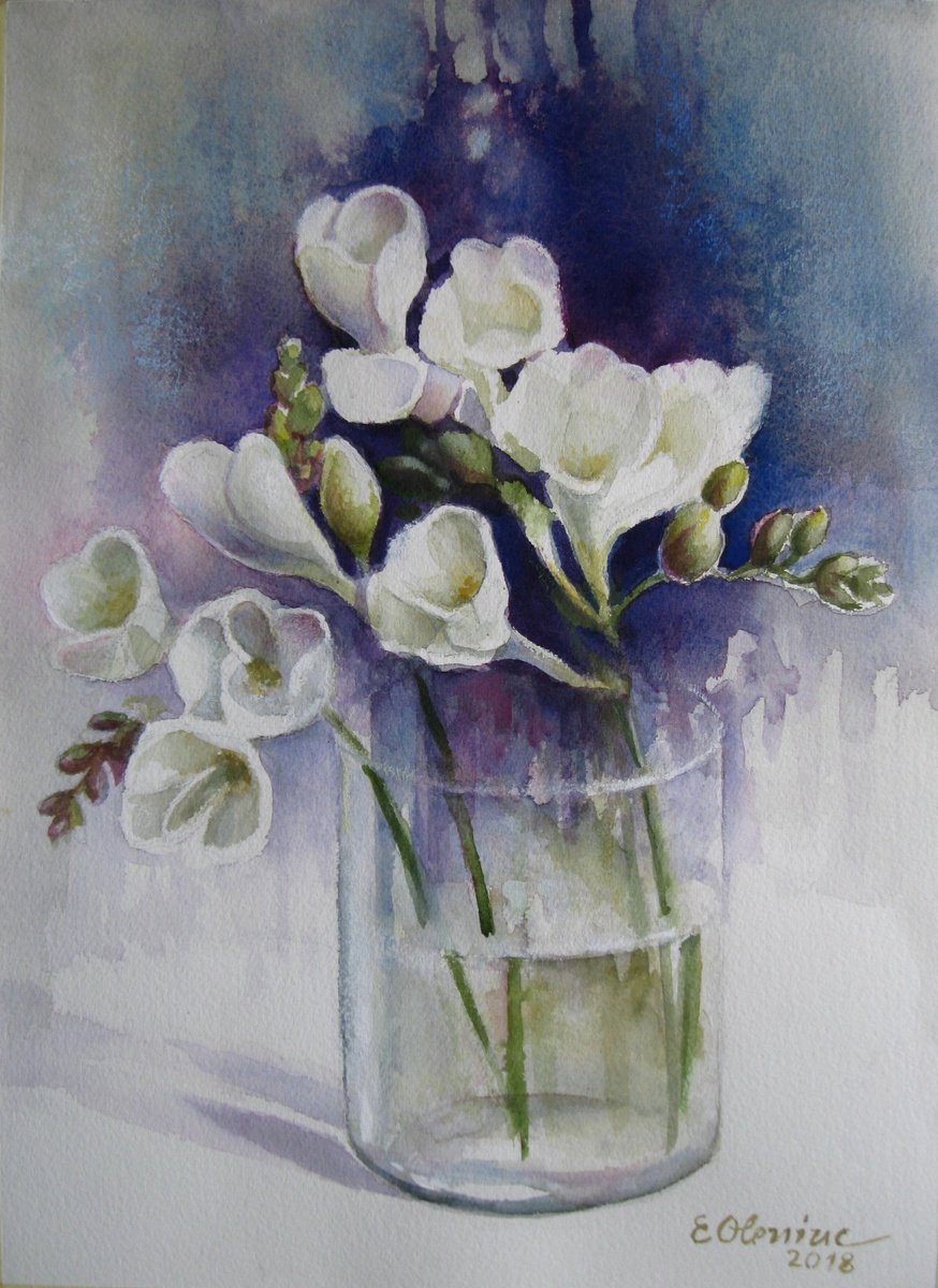 Impressionistic Still Life Watercolour By Elena Oleniuc, 11 X 15, Freesias, Original Artwork