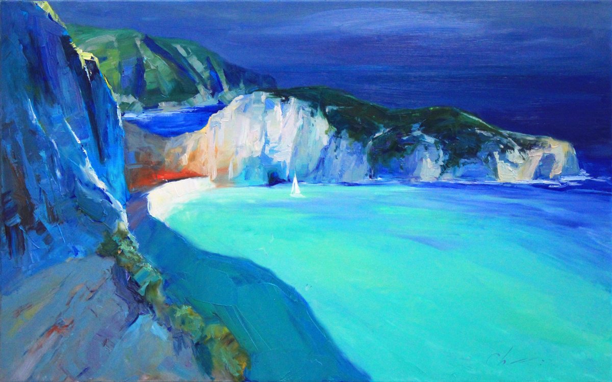 Impressionistic Landscape Oil Painting By Serhii Cherniakovskyi, 31 X 20", Navagio Beach Greece, Original Artwork