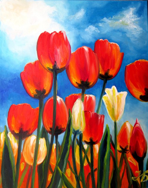 Red Tulips Field 20X16" Hand Painted Original Oil Painting New Spring Flowers by Nadia Bykova