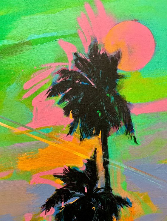 Big XXL artwork - "Green light" - Pop Art - Palm - Diptych - Street Art - Expressionism - Sunset