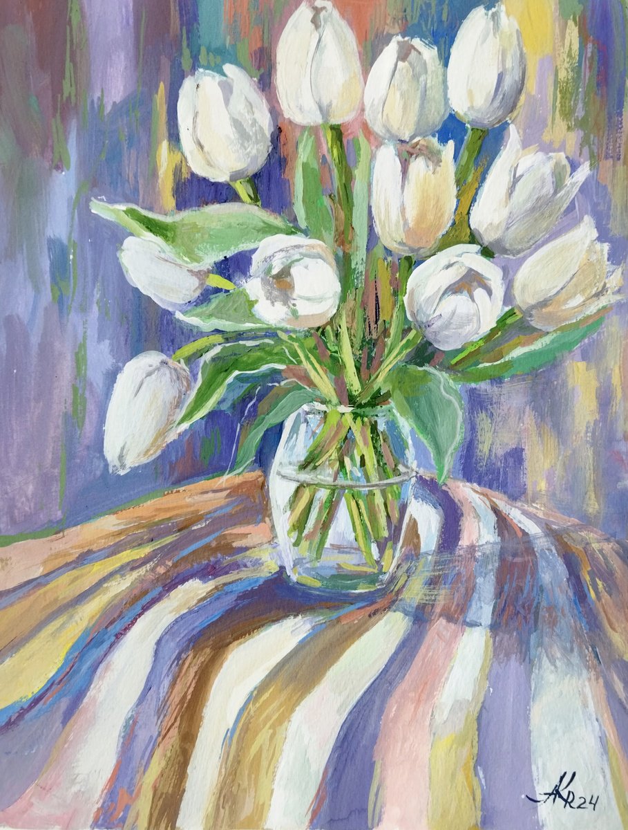 Impressionistic Botanical Painting By Ann Krasikova, 11 X 14, Spring Still Life With Tulips, Original Artwork