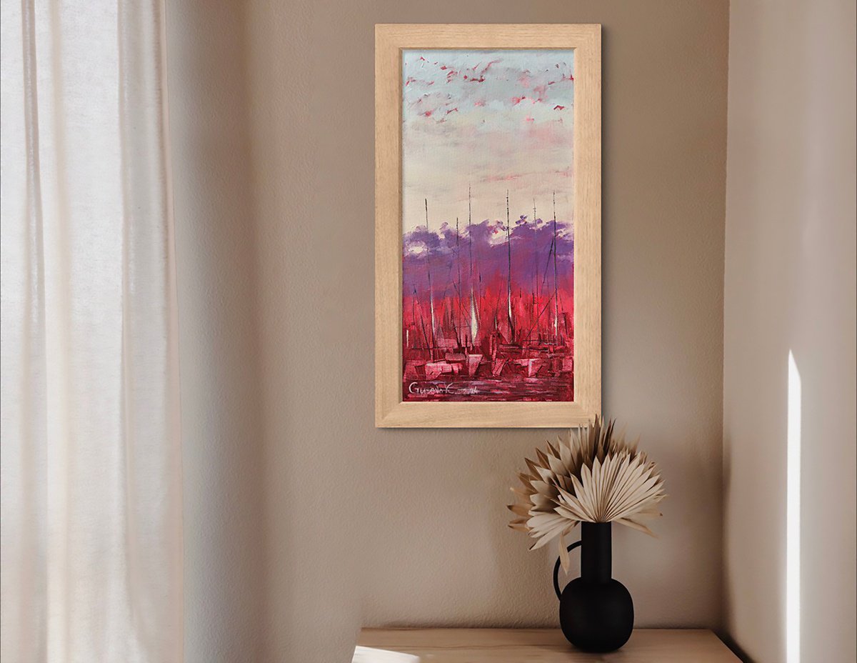 Impressionistic Landscape Acrylic Painting By Kateryna Guseva, 12 X 24", Quiet Harbor, Original Artwork