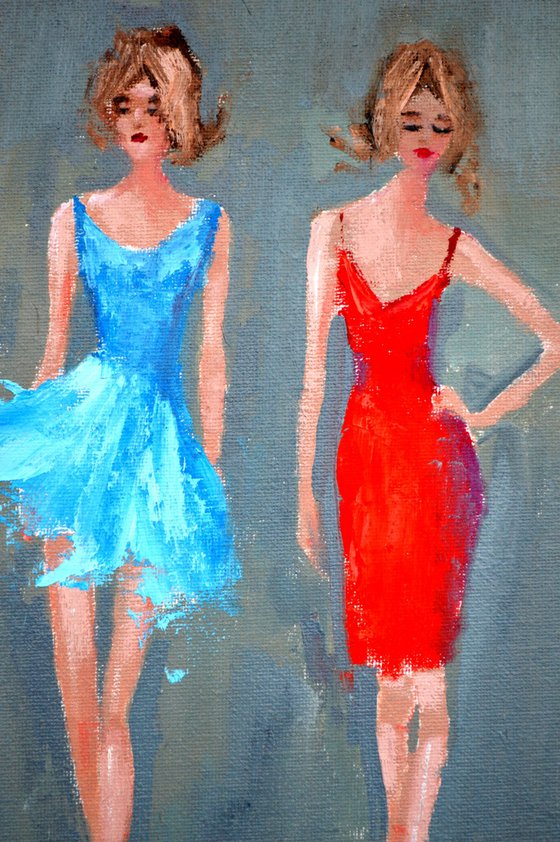 Funny fashionistas in blue and red Miniature