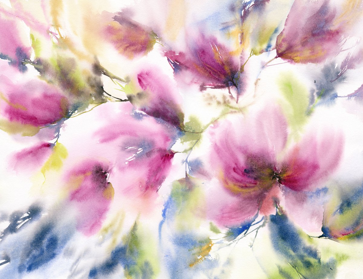 Magnolia watercolor painting by Olya Grigo