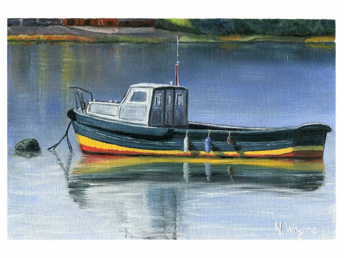 Boat oil painting - Moored Tug by Neil Wrynne
