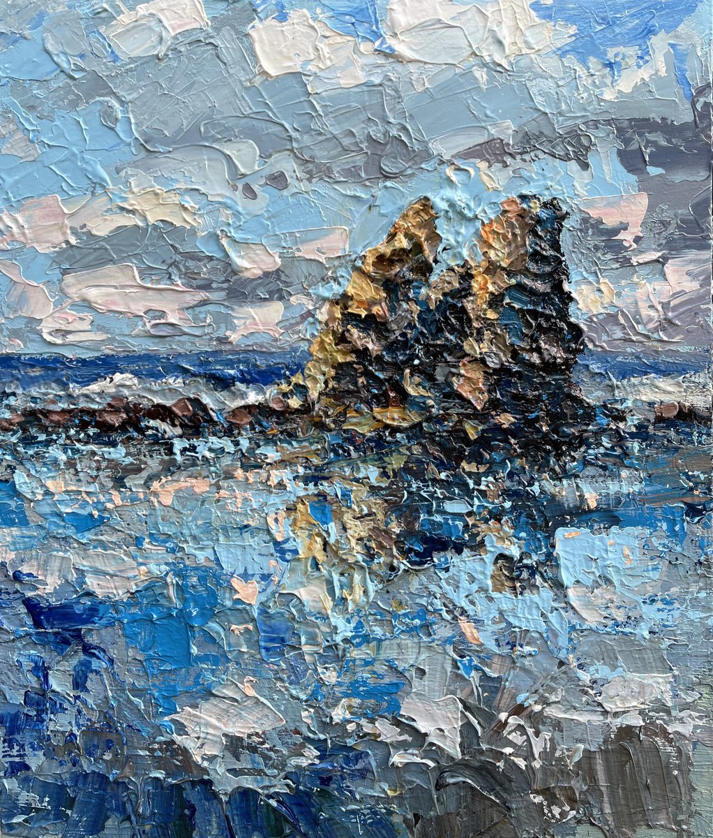 Expressive Landscape Oil Painting By Agostino Veroni, 24 X 27, Textured Seascape Oil Painting On Canvas, Original Artwork
