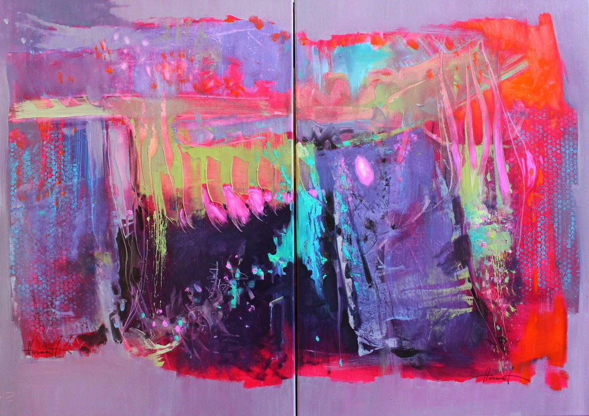 Expressive Abstract Oil Painting By Henadzy Havartsou, 55 X 39, Tropical Escape (Diptych 2*70*100), Original Artwork