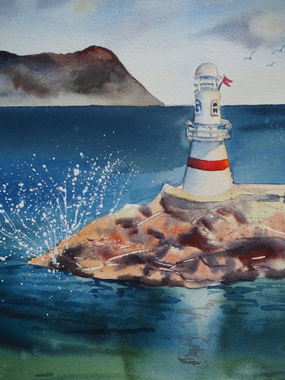 Lighthouse and Greek island view - original watercolor