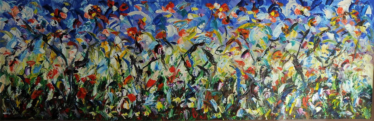 Impressionistic Abstract Acrylic Painting By Antonino Puliafico, 156 X 51, Giardino Fiorito, Original Artwork
