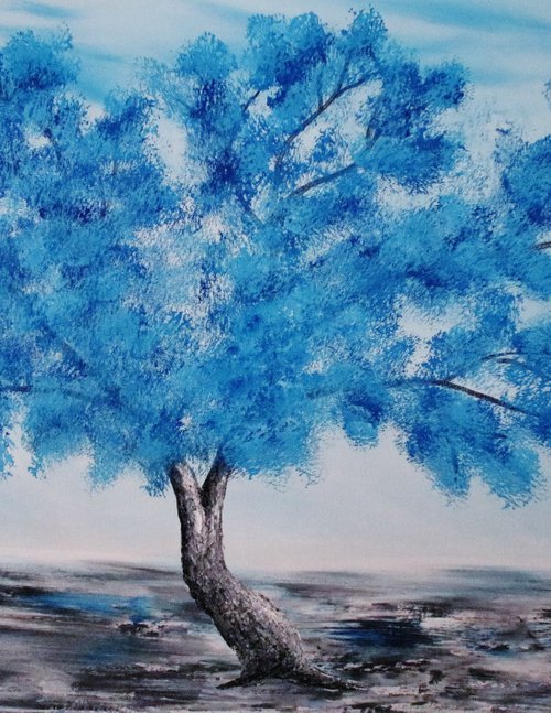 Oil painting blue tree, christmas sale was 945 USD now 795 USD. by Viorel Scoropan