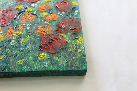 Paradise Found - Floral landscape oil painting on canvas- wild flowers and poppies - palette knife - textured - impressionistic artwork - impasto painting - floral meadow - home decor - gift art - affordable landscape painting