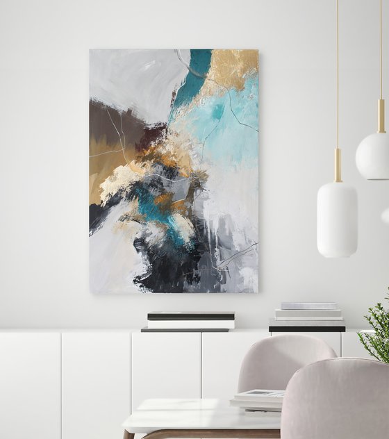 "Blue Rime 2" Teal gray gold abstract acrylic
