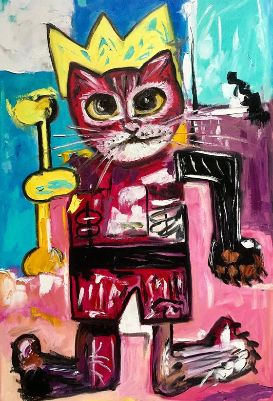 King Cat Troy  in a CROWN ( 71x 45cm, , 28x18inches,) version of famous painting by Jean-Michel Basquiat