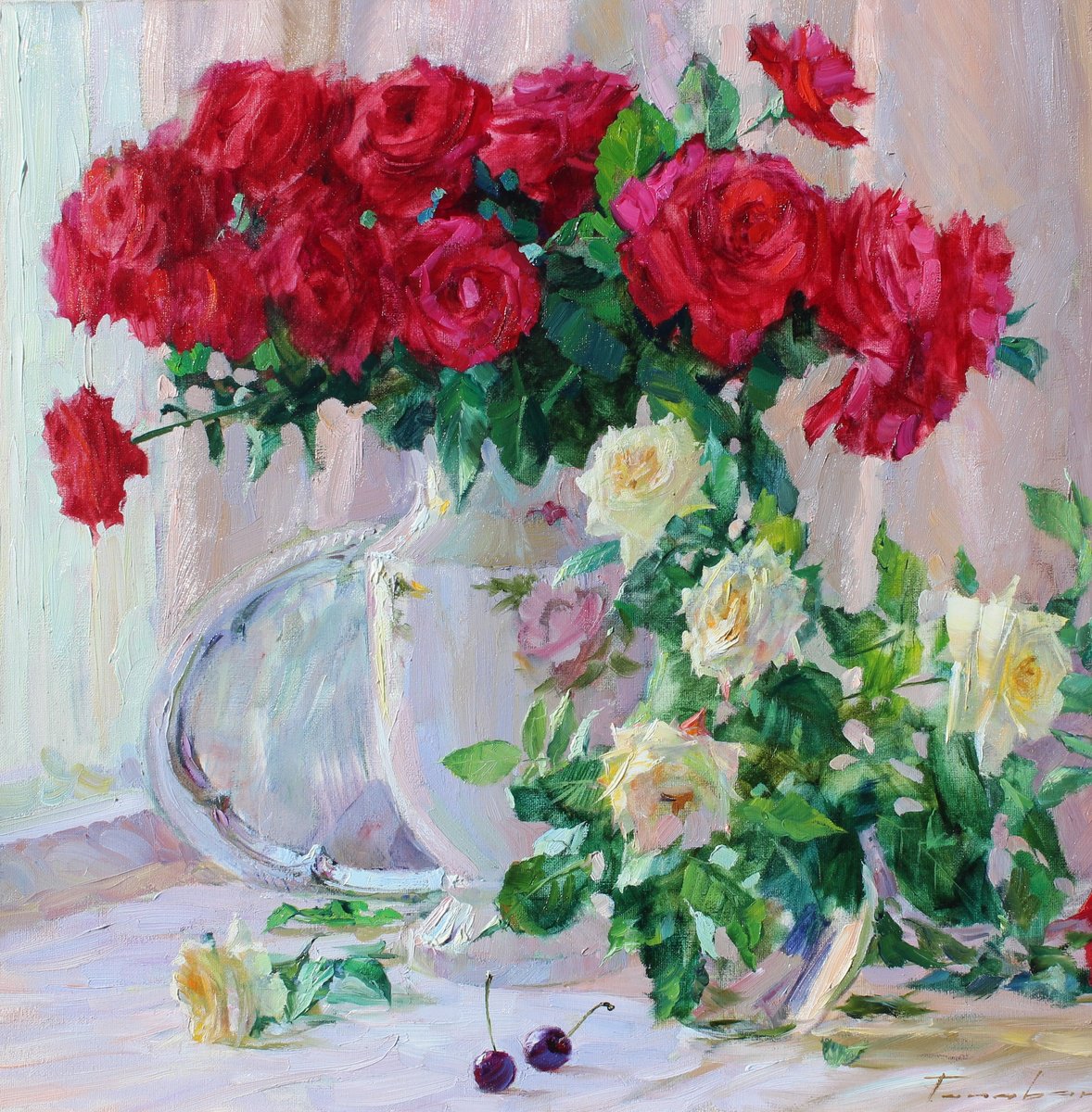 Impressionistic Botanical Oil Painting By Volodymyr Tarabanov, 24 X 24", Still Life With Roses, Original Artwork