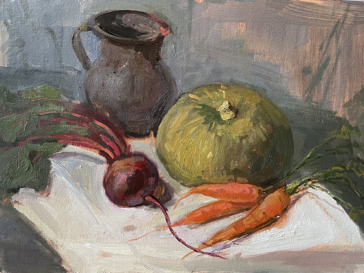 Impressionistic Still Life Oil Painting By Kate Sosonna, 16 X 12", Beet And Carrots, Original Artwork