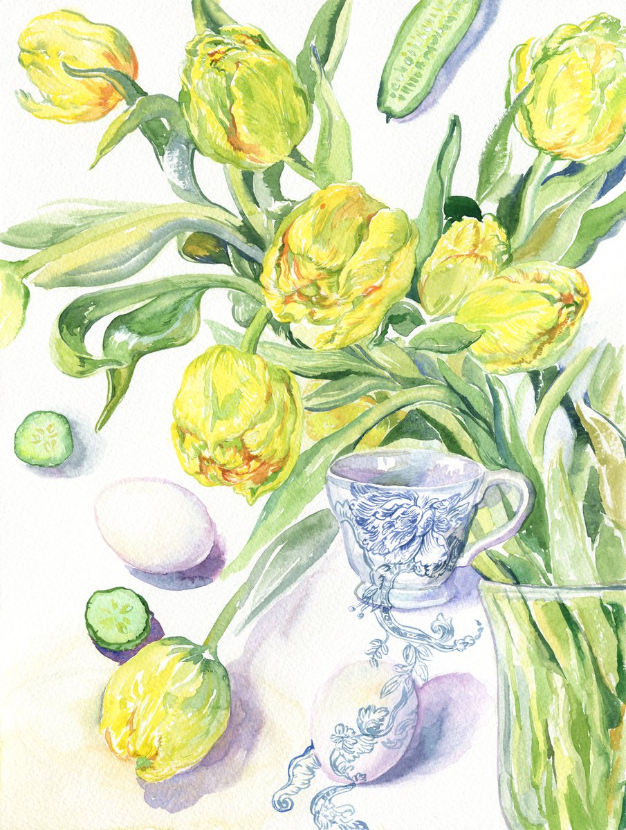 Still life with Yellow Tulis, Eggs and Tea Cup by Daria Galinski