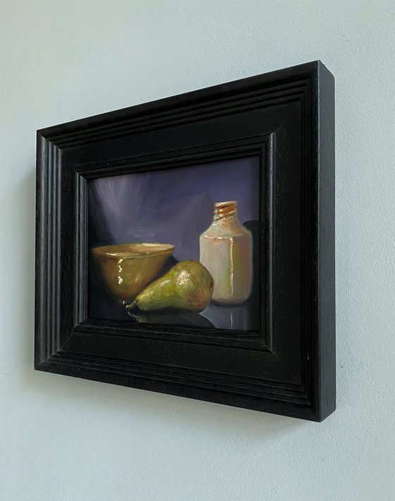 Original oil painting Pear with Japanese Bowl, still life.