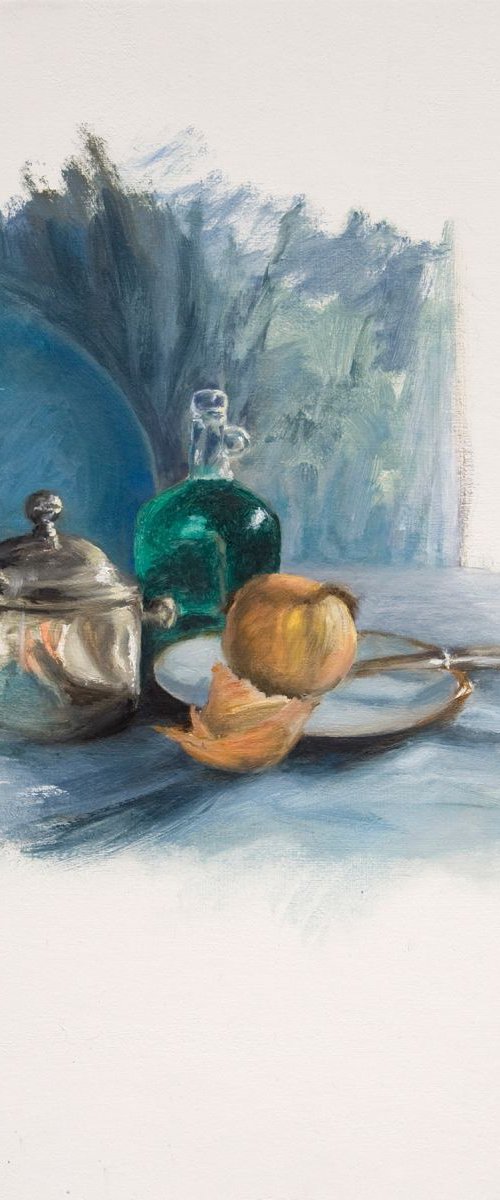 Onion and knife in blue by John Fleck