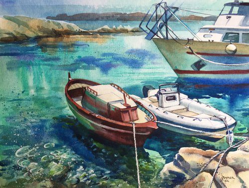 Boats on the island of Sardinia. Seascape. Boats at sea by Natalia Veyner