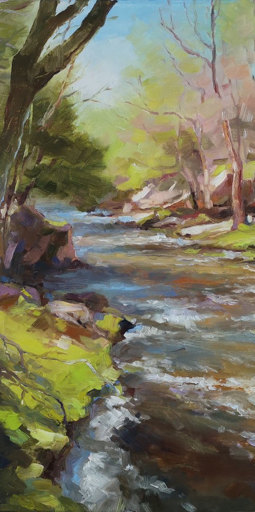 Rushing river, original, one of a kind, oil on canvas impressionistic style painting  (20x24"'') See time-lapse video attached by Alexander Koltakov