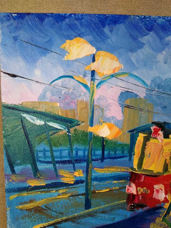 Evening tram. Pleinair painting