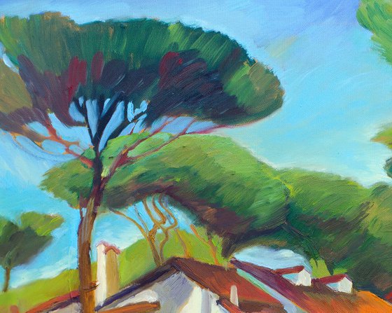 ITALY. LIDO DI SPINA (WANT TO TAKE A STROLL?) - expressive bright landscape with green pine trees and walking people gift idea home décor