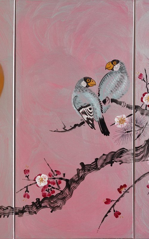 Japanese sakura J320 - large silver pink triptych, original art, japanese style paintings by artist Ksavera by Ksavera