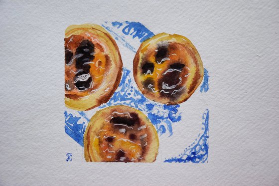 Watercolor painting Portuguese food, Lisbon cake original painting, Pastel de Nata art, kitchen wall art