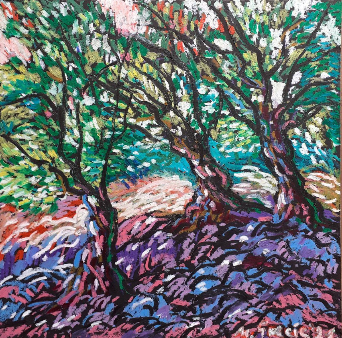 Impressionistic Pastel Drawing , Purple Shadow In Orchard By Maja Grecic, 12 X 12, Artwork For Sale On Artfinder