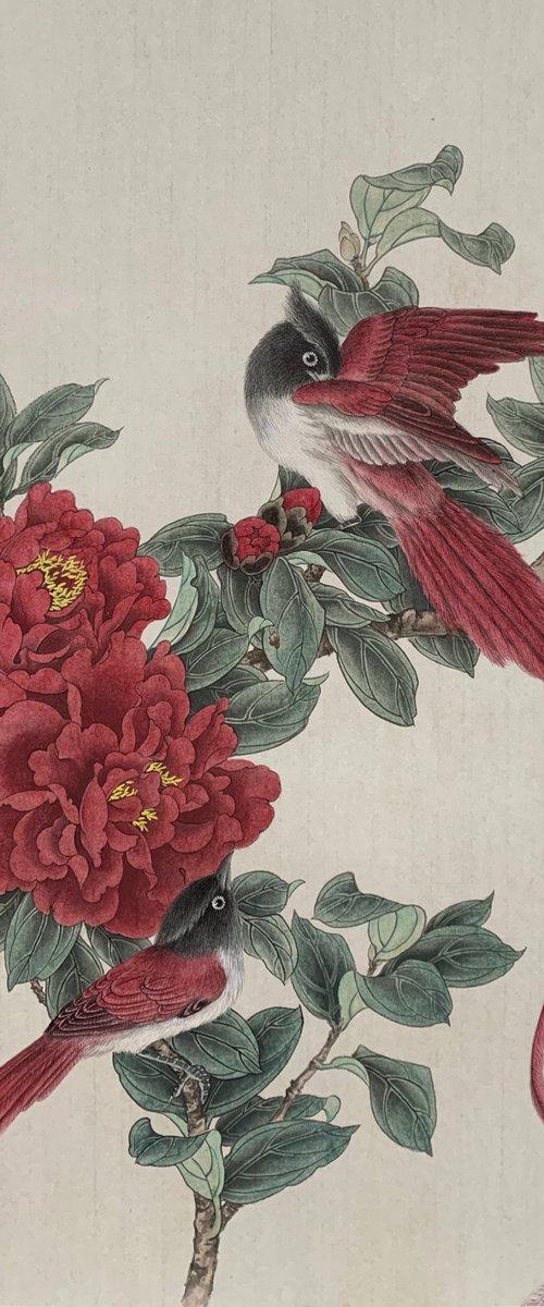 Tranquility, Camellia & Bird Original Brush Painting by Fiona Sheng