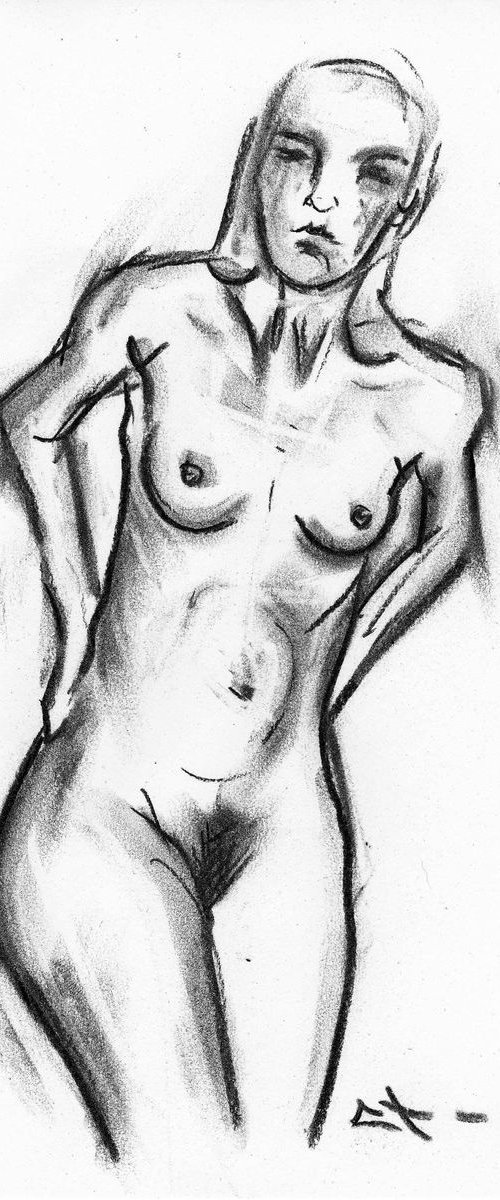 EXPRESSIVE NUDE SKETCH study, charcoal drawing by Lionel Le Jeune