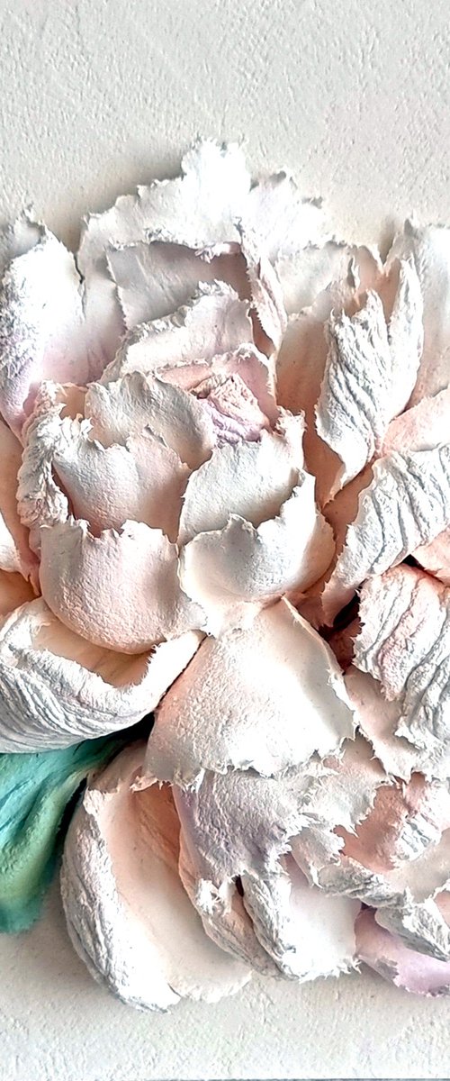 Peony flower panel. Small ceramic sculpture 3d flower with white petals. Tender peony botanical bas- relief. White Peony 3 - 3d painting by Irina Stepanova