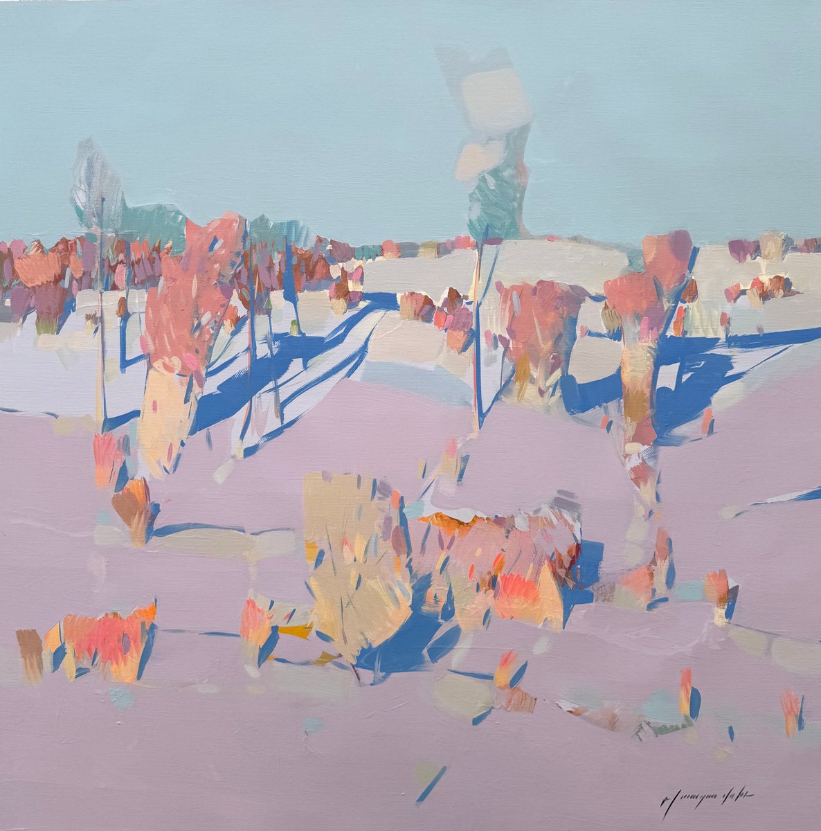 Impressionistic Landscape Oil Painting By Vahe Yeremyan, 30 X 30", Brushstrokes Of Winter, Original Artwork