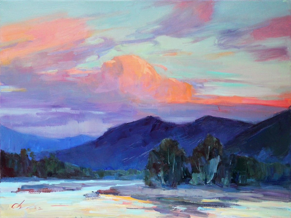 Impressionistic Landscape Oil Painting By Serhii Cherniakovskyi, 31 X 24", The Last Rays Of The Sun, Original Artwork