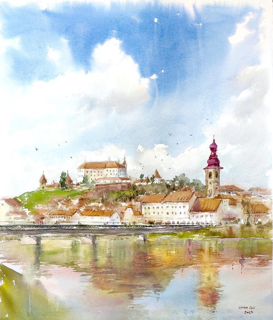 Ptuj castle, Slovenia city original watercolor hand-painted, Drava river lake bridge, Mediterranean Europe Impressionistic, Old town artwork