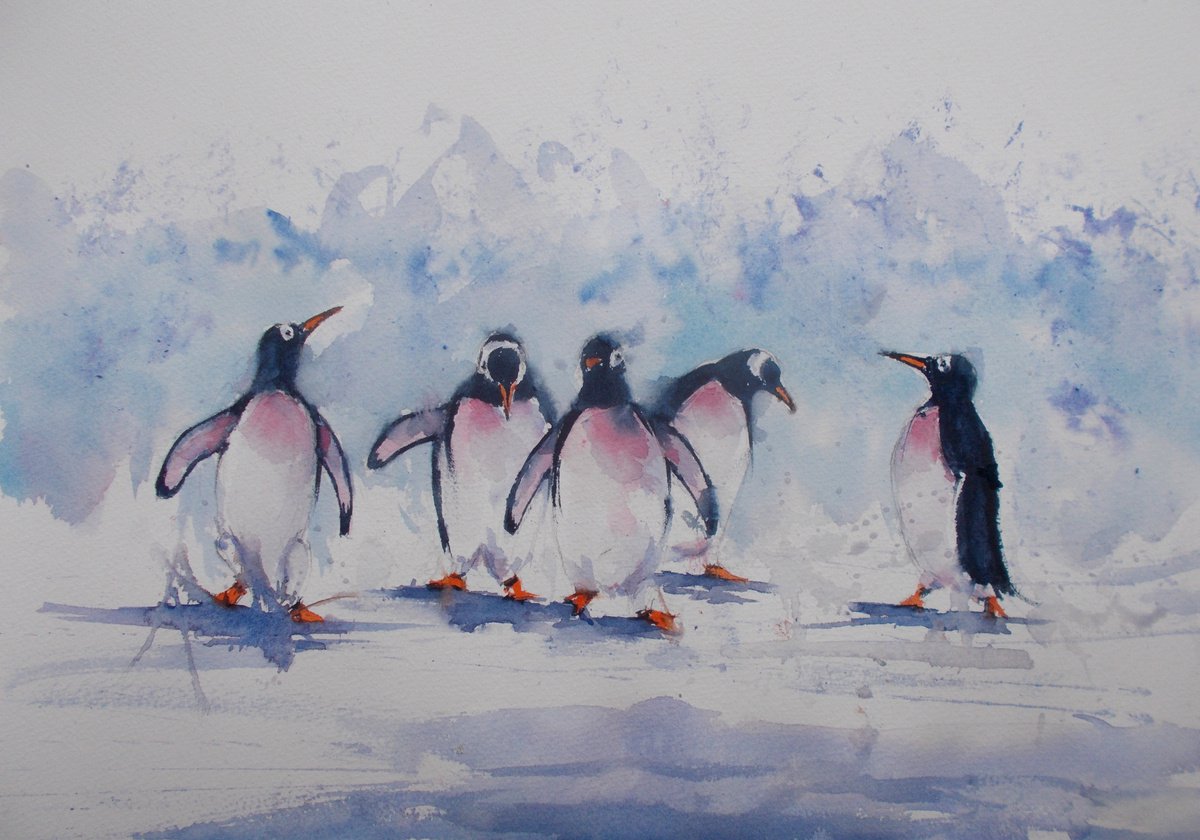 Impressionistic Animal Watercolour By Giorgio Gosti, 21 X 14, Penguins 3, Original Artwork