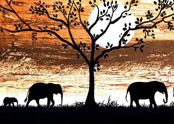 Elephants at Sunset africa animal elephant print tree copper edition