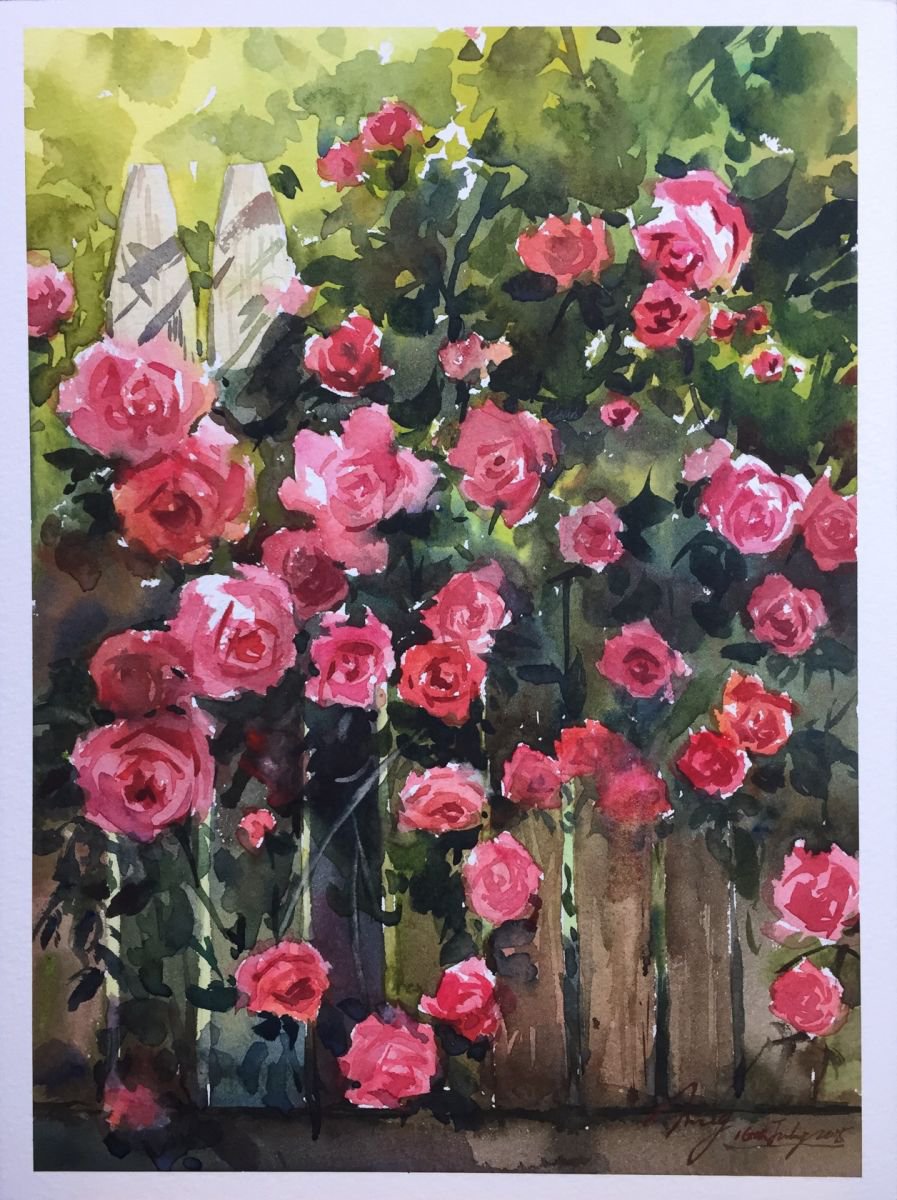 Impressionistic Botanical Watercolour By Jing Chen, 9 X 12, Rose Garden 2, Original Artwork