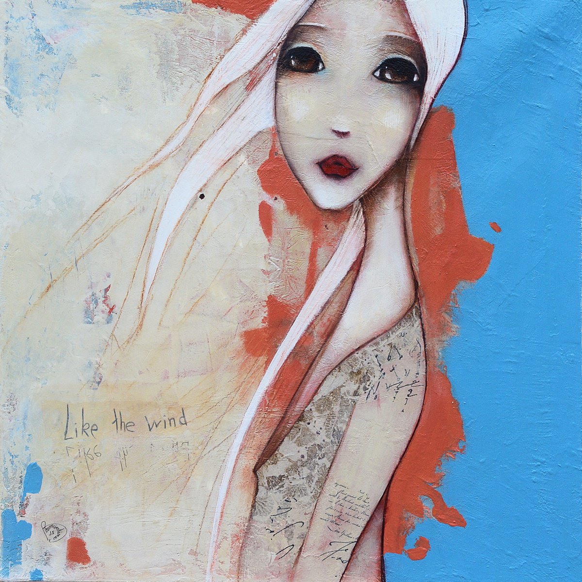 Expressive Portrait Acrylic Painting By Armandine Js, 16 X 16, Like The Wind, Original Artwork