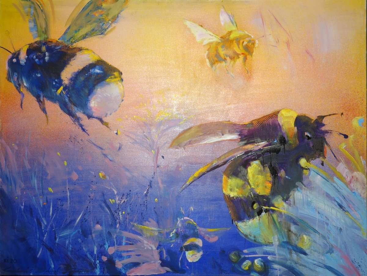 Impressionistic Abstract Oil Painting By Anatolii Varvarov, 73 X 53, Bumblebees, Original Artwork