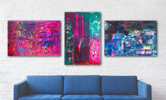 "Division" - Original Large PMS Abstract Triptych Acrylic Paintings On Canvas - 96" x 36"