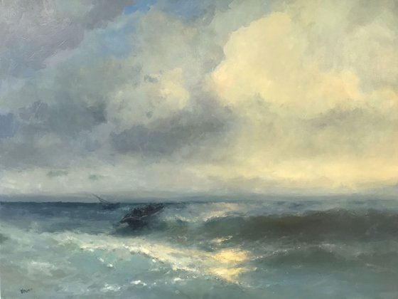Seascape, Large size, Antique Style,  Original oil Painting, Handmade artwork, Museum Quality, Signed, One of a Kind