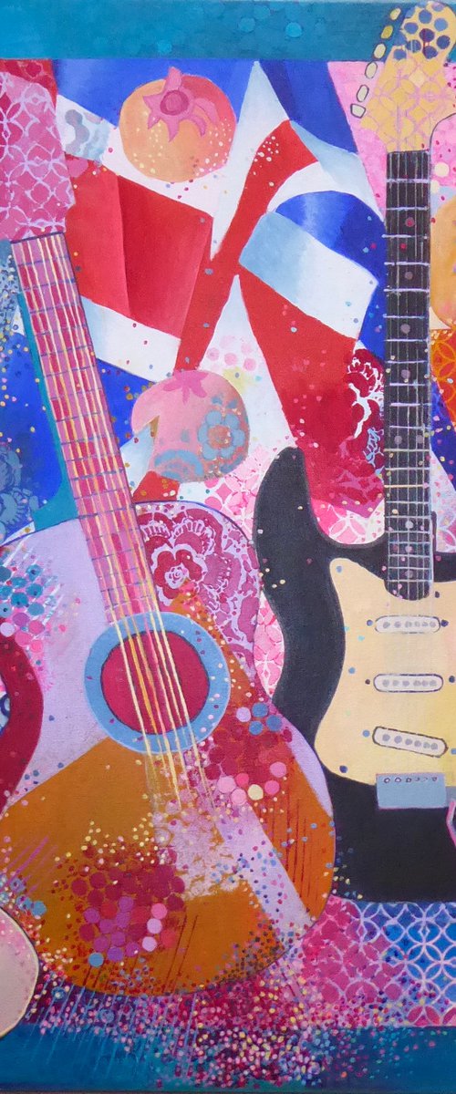 Guitars with flag and pomegranates by Liz Allen