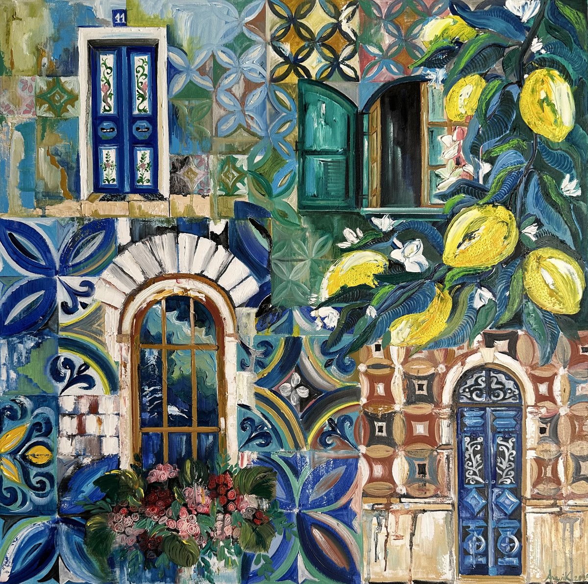 Impressionistic Landscape Oil Painting By Arevik Gasparyan, 24 X 24, Lemon Blossom Streets, Original Artwork